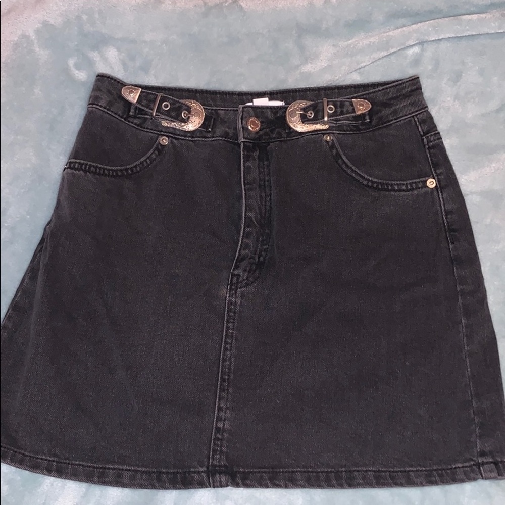 Topshop Western Buckle Denim Skirt - Washed Black